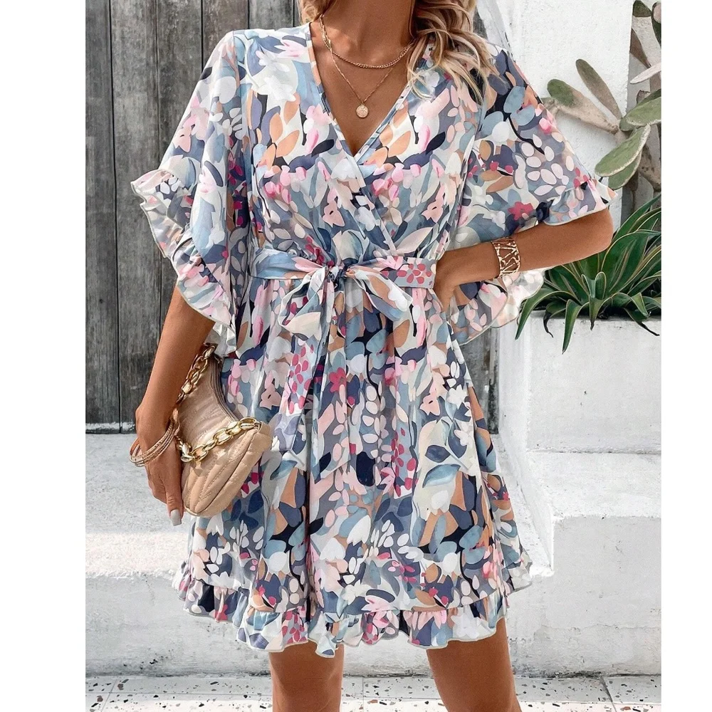 Boho Floral Print Ruffle Sleeve Mini Dress - Picture 3 of 4